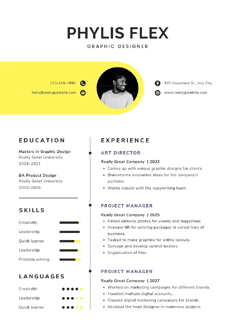 CV minimaliste blanc, noir et jaune
