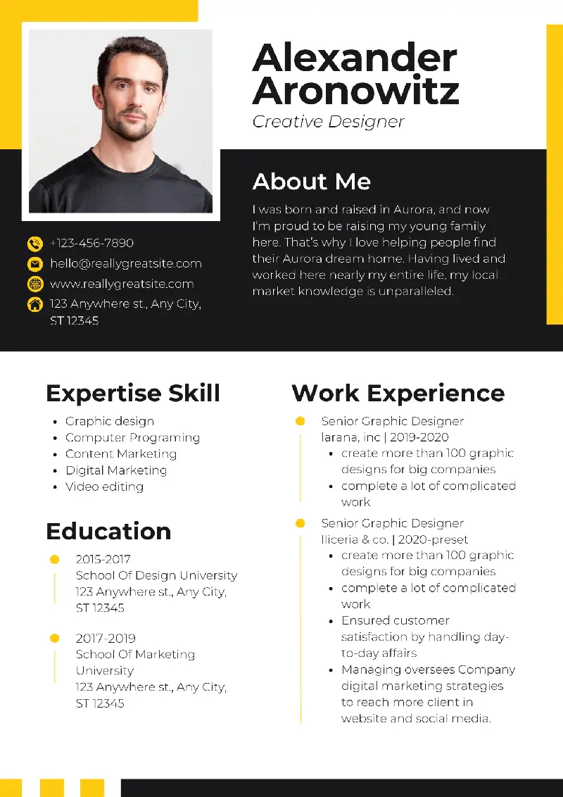 CV professionnel Resume noir et jaune