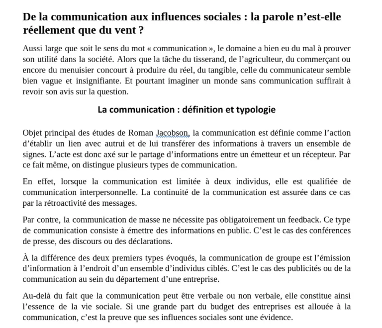 Exemple d'une dissertation : Communication et Influences sociales