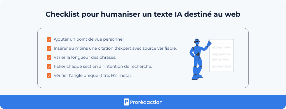 Checklist pour humaniser un texte IA destiné au web